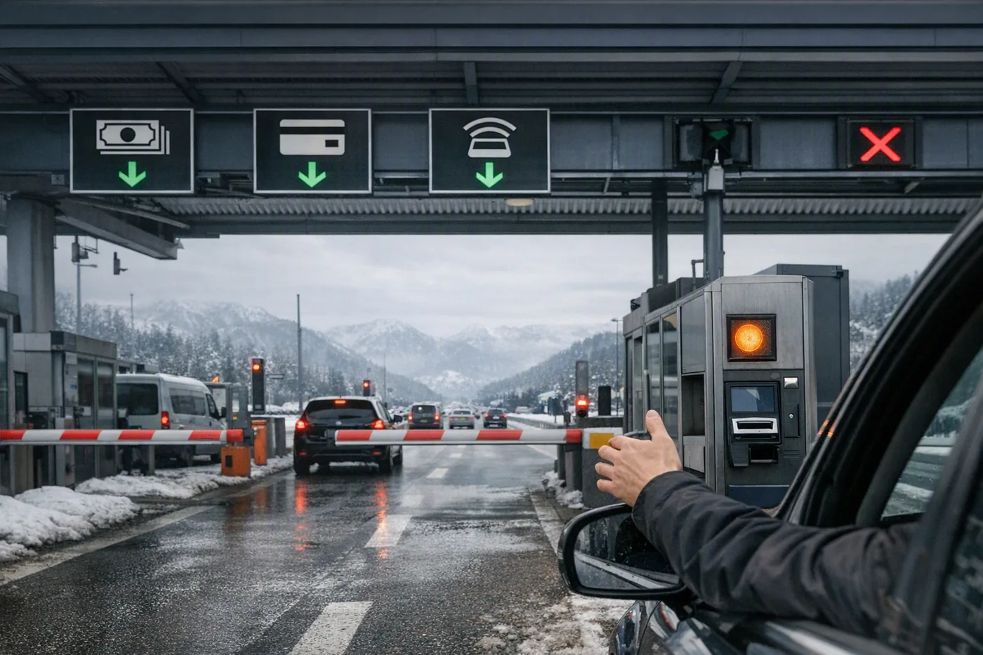 Platební stanice na dálnici v Alpách se symboly bankovek, karty a elektronické jednotky