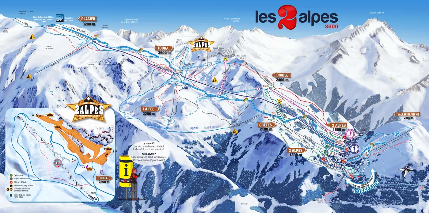 Mapa sjezdovek Les Deux Alpes: sjezdovky, vleky a lanovky
